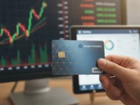 Mão segurando cartão de crédito com app financeiro ao fundo.