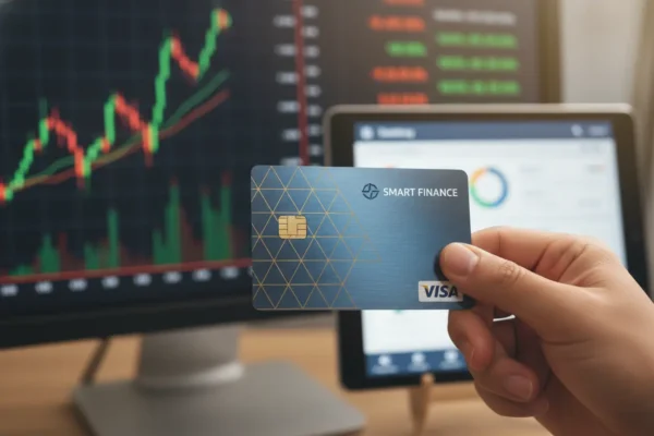 Mão segurando cartão de crédito com app financeiro ao fundo.