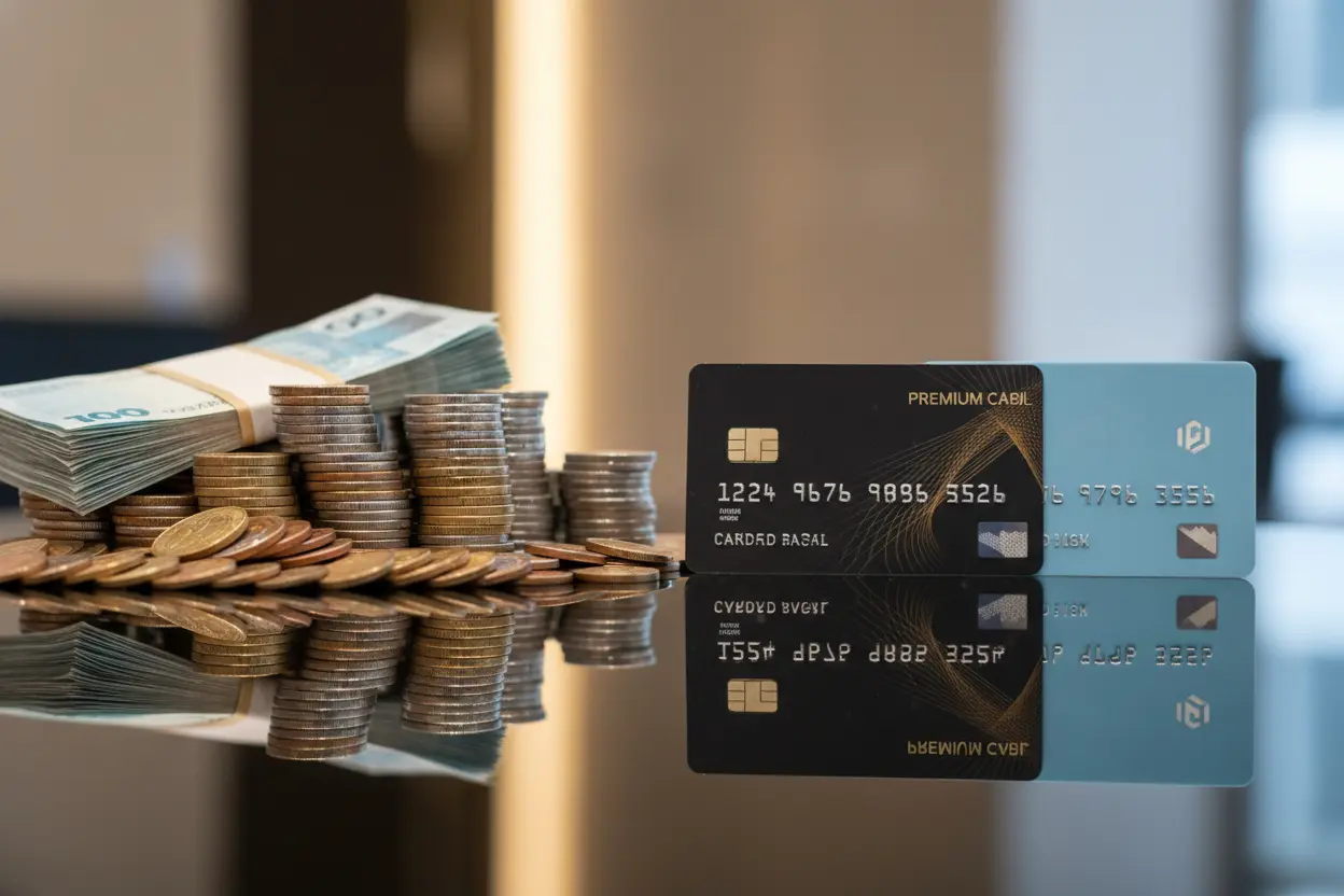 Pilha de dinheiro, moedas, cartão de crédito e débito.