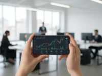 Pessoa usando aplicativo de investimento em ações com dividendos no celular.