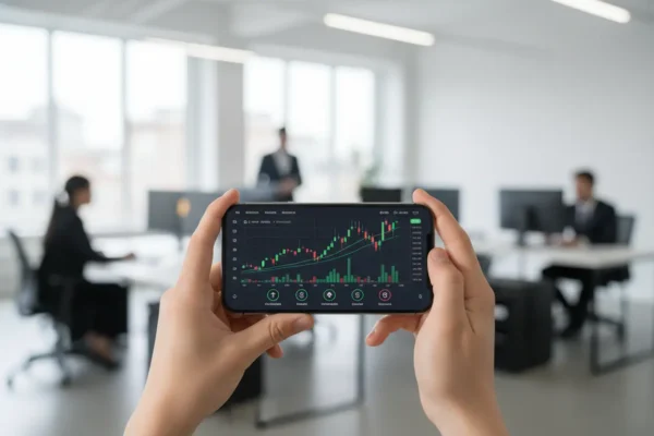 Pessoa usando aplicativo de investimento em ações com dividendos no celular.