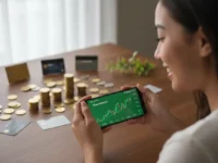 Mulher usando app de investimento, moedas e cartões de crédito.