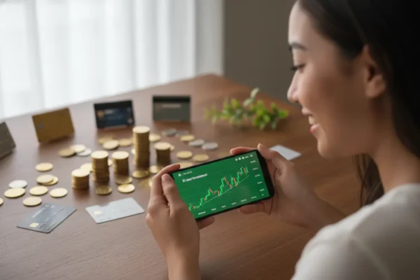 Mulher usando app de investimento, moedas e cartões de crédito.