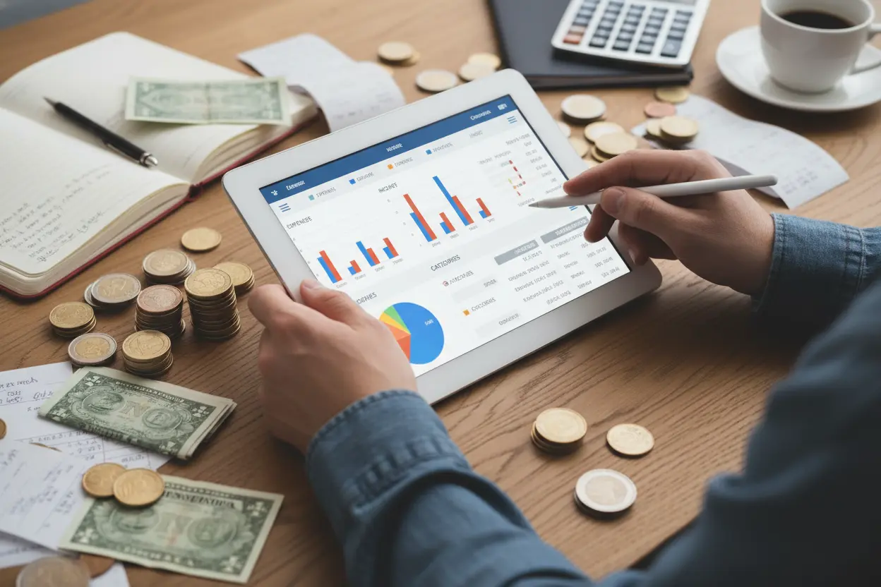 Pessoa organizando orçamento em tablet com moedas.
