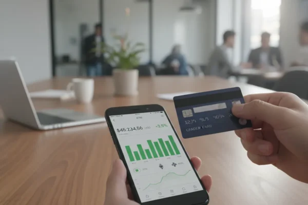 Cartão de crédito e aplicativo de Bitcoin no celular