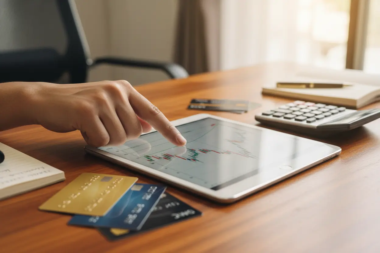 Mão analisando gráfico financeiro em tablet com cartões de crédito e calculadora.