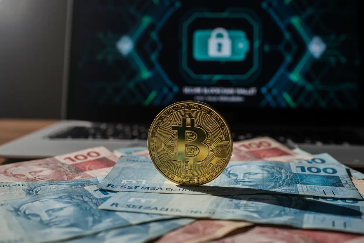 Moeda Bitcoin sobre Reais com carteira digital no laptop