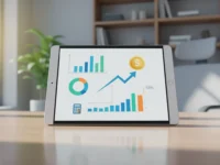 Tablet exibe gráficos de finanças e ícone de calculadora sobre mesa de madeira em escritório iluminado.