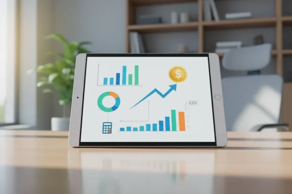 Tablet exibe gráficos de finanças e ícone de calculadora sobre mesa de madeira em escritório iluminado.