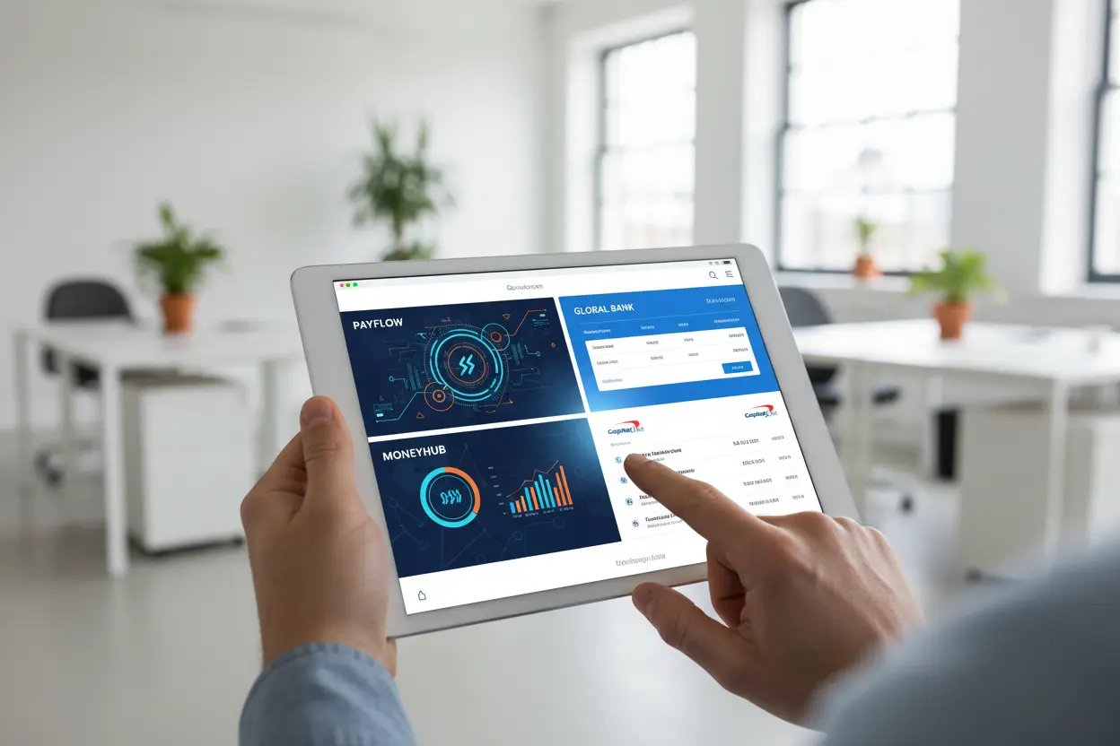 Tela de tablet com diversos aplicativos de bancos digitais e tradicionais.
