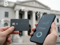 Cartão de crédito físico e digital em smartphone, simbolizando a modernização bancária.