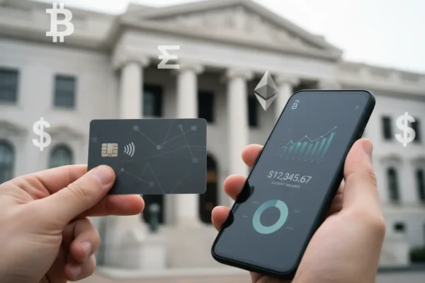 Cartão de crédito físico e digital em smartphone, simbolizando a modernização bancária.