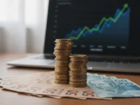 Moedas reais, gráfico financeiro, investimento Tesouro Direto