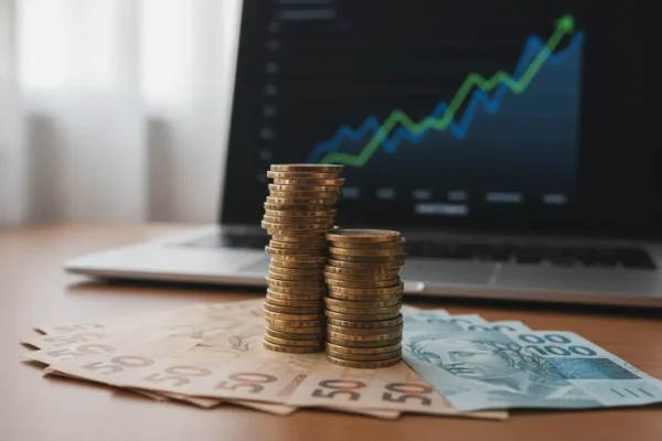 Moedas reais, gráfico financeiro, investimento Tesouro Direto