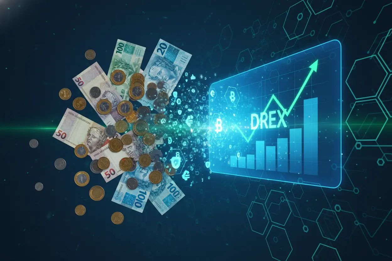 Moedas e notas de Real se transformando em símbolos de moeda digital, com gráfico de investimento.