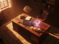 Holograma de funil luminoso em mesa de escritório clássica sugando rendimentos de um tablet e moedas de ouro.