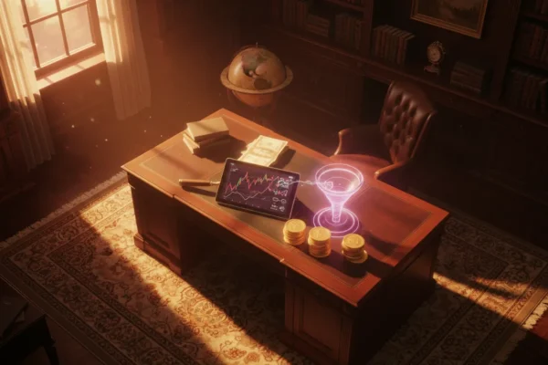 Holograma de funil luminoso em mesa de escritório clássica sugando rendimentos de um tablet e moedas de ouro.
