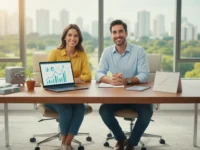 Dois consultores sorrindo atrás de uma mesa com notebook mostrando gráficos de crescimento, cofre e dinheiro.