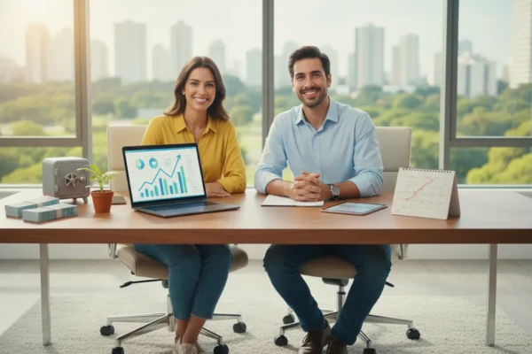 Dois consultores sorrindo atrás de uma mesa com notebook mostrando gráficos de crescimento, cofre e dinheiro.
