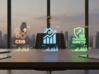 Três painéis holográficos com CDB, LCI e Tesouro Direto flutuando sobre uma mesa de escritório com vista da cidade.