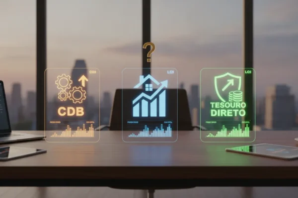 Três painéis holográficos com CDB, LCI e Tesouro Direto flutuando sobre uma mesa de escritório com vista da cidade.