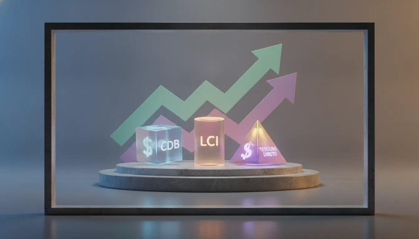 Formas geométricas brilhantes rotuladas como CDB, LCI e Tesouro Direto sob setas de crescimento financeiro.