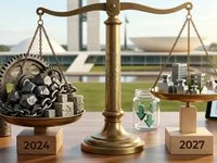 Ilustração conceitual sobre regulação financeira mostrando uma balança clássica de dois pratos sobre uma mesa de escritório. O prato esquerdo contém engrenagens e blocos cinzas amarrados por correntes, e o prato direito contém miniaturas de prédios corporativos e pesos metálicos polidos, com um gráfico digital ao fundo.