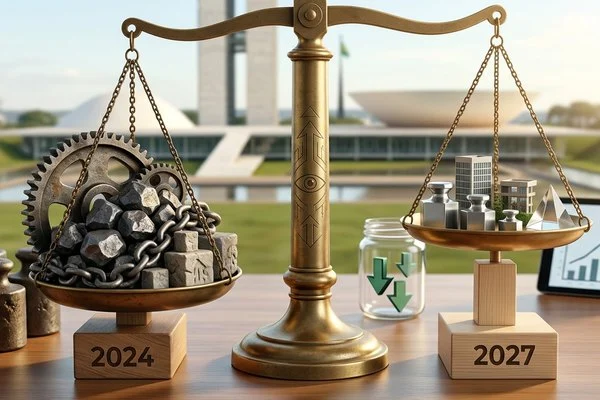 Ilustração conceitual sobre regulação financeira mostrando uma balança clássica de dois pratos sobre uma mesa de escritório. O prato esquerdo contém engrenagens e blocos cinzas amarrados por correntes, e o prato direito contém miniaturas de prédios corporativos e pesos metálicos polidos, com um gráfico digital ao fundo.