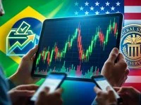 Tela do mercado financeiro com gráficos de ações vibrantes e elementos do calendário econômico do Brasil e dos Estados Unidos, otimizada para mobile.