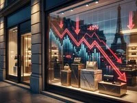 Vitrine de loja de marca de luxo com gráfico financeiro de queda em destaque ilustrando a desvalorização das ações de luxo.