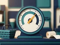 Ilustração em papel recortado de um medidor analógico simbolizando a alíquota da CBS ao lado de uma cesta de compras