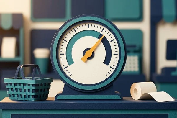 Ilustração em papel recortado de um medidor analógico simbolizando a alíquota da CBS ao lado de uma cesta de compras