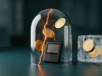 Carteira fria rachada e moedas congeladas em gelo, ilustrando o ataque à Binance