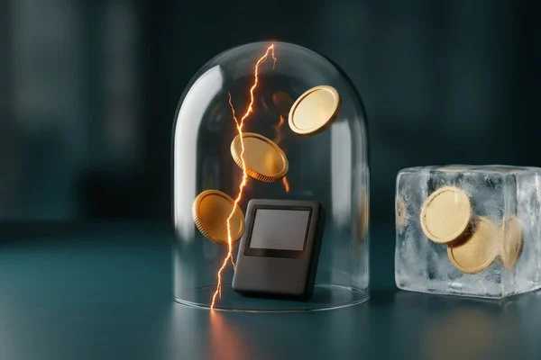 Carteira fria rachada e moedas congeladas em gelo, ilustrando o ataque à Binance