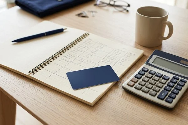 Cartão de plástico liso ao lado de uma calculadora e de um caderno sobre uma mesa de madeira clara