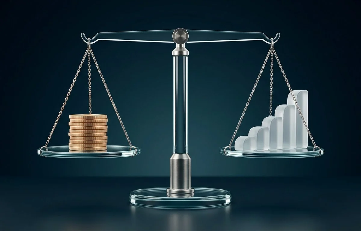 Ilustração conceitual de balança de vidro com moedas, representando dólar e Ibovespa no segundo turno