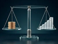 Ilustração conceitual de balança de vidro com moedas, representando dólar e Ibovespa no segundo turno