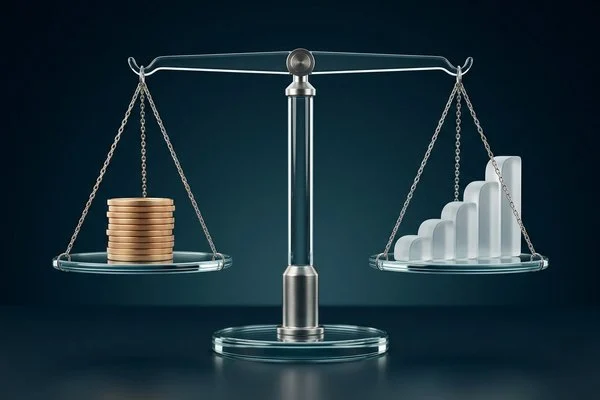 Ilustração conceitual de balança de vidro com moedas, representando dólar e Ibovespa no segundo turno
