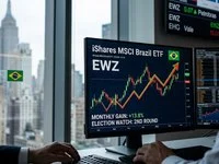 Gráficos financeiros em telas de negociação mostrando a cotação do ETF EWZ e indicadores da Bolsa de Valores.