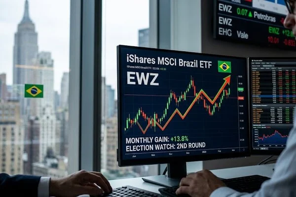 Gráficos financeiros em telas de negociação mostrando a cotação do ETF EWZ e indicadores da Bolsa de Valores.