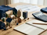 Maquete de casas e prédios ao lado de uma calculadora e de um caderno aberto sobre uma mesa de madeira