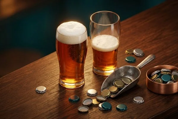 Dois copos de chope com níveis diferentes e tampinhas, ilustrando o lucro da Ambev no 3T26