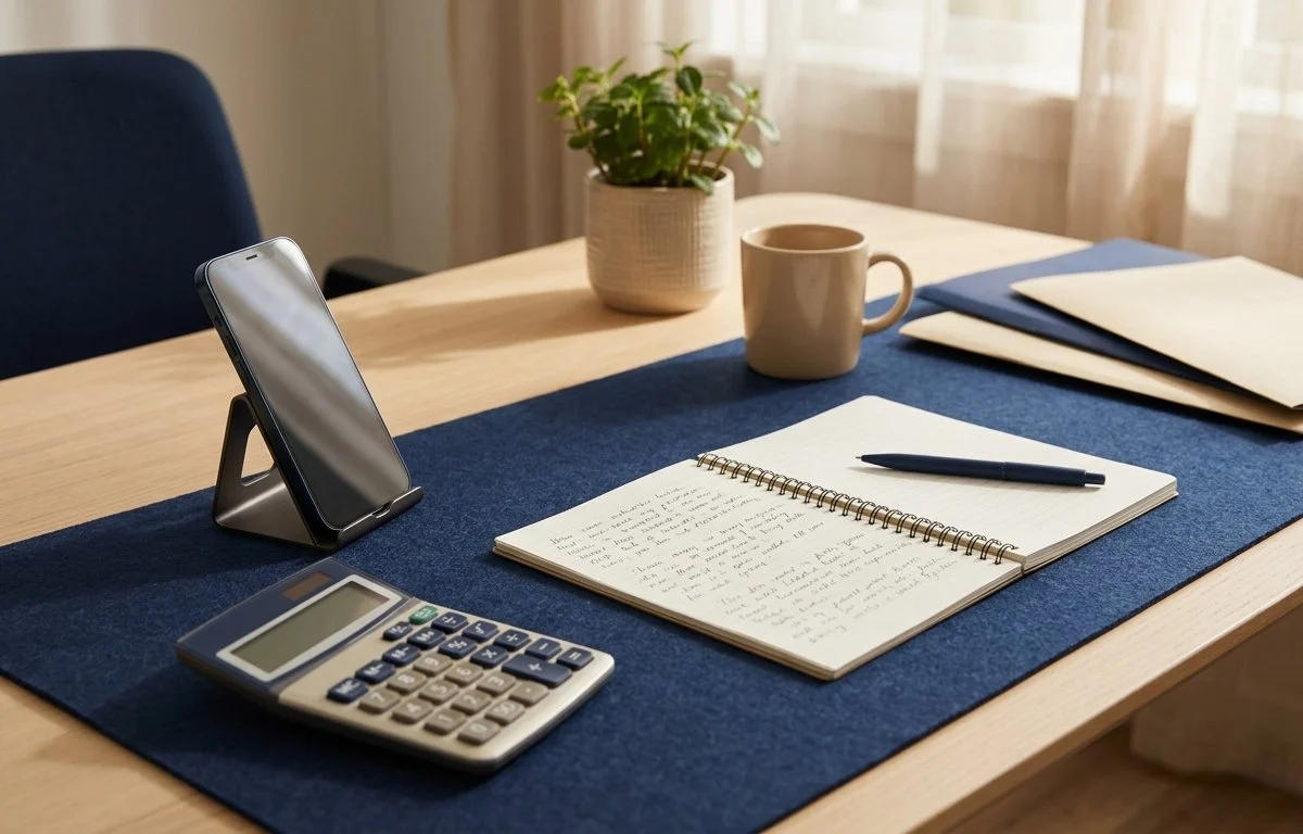 Mesa de trabalho com celular, caderno aberto, calculadora e caneta sob a luz de uma janela