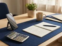 Mesa de trabalho com celular, caderno aberto, calculadora e caneta sob a luz de uma janela