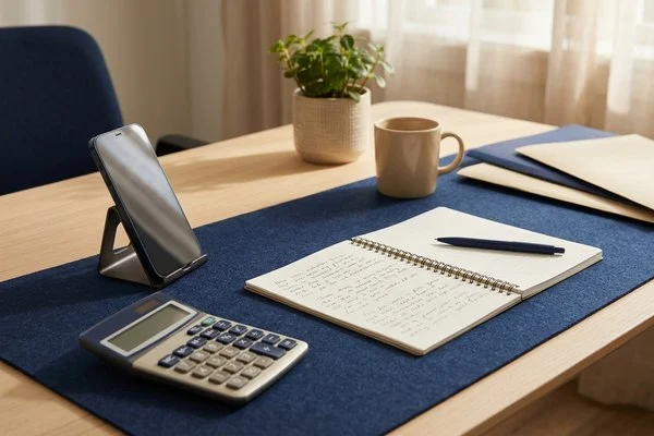 Mesa de trabalho com celular, caderno aberto, calculadora e caneta sob a luz de uma janela