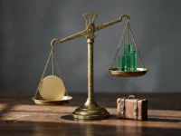 Balança de latão desequilibrada com disco dourado e maquete de prédios, ilustrando a pior semana do Ibovespa