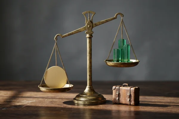 Balança de latão desequilibrada com disco dourado e maquete de prédios, ilustrando a pior semana do Ibovespa