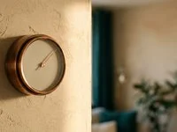 Termostato analógico de parede com ponteiro de cobre, sem números legíveis, em uma sala de luz suave de fim de tarde