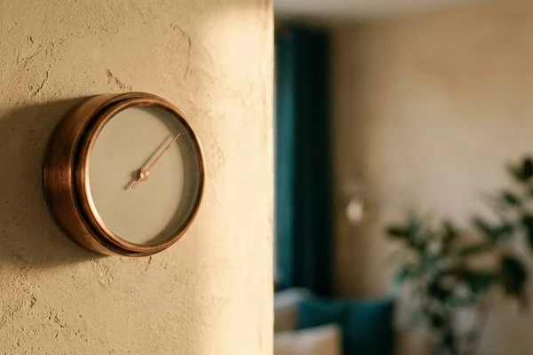 Termostato analógico de parede com ponteiro de cobre, sem números legíveis, em uma sala de luz suave de fim de tarde