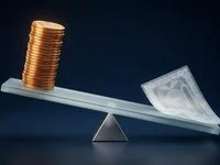Ilustração conceitual das taxas do Tesouro Direto: gangorra de vidro com moedas de um lado e um título do outro